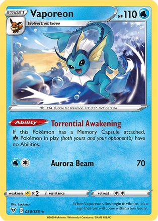 Vaporeon 030/185 - Reverse Holofoil SWSH04 Vivid Voltage - Rare