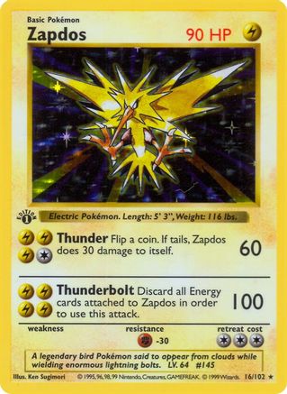 Zapdos (16) [Base Set Shadowless] 1st Edition Holofoil - Holo Rare