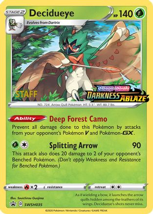 Decidueye - SWSH035 (Prerelease) [Staff] (SWSH035) [SWSH Sword & Shield Promo Cards] Holofoil - Promo