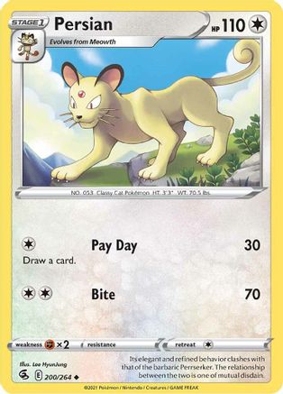 Persian 200  - Reverse Holofoil SWSH08 Fusion Strike - Uncommon