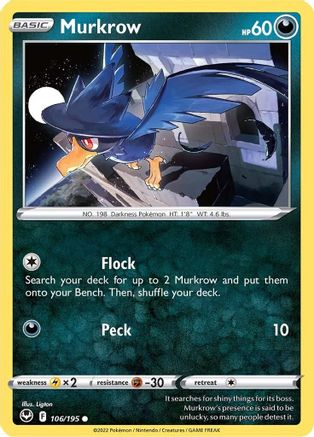 Murkrow 106  - Reverse Holofoil SWSH12 Silver Tempest - Common