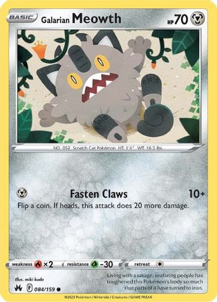 Galarian Meowth 084/159  - Reverse Holofoil Crown Zenith - Common