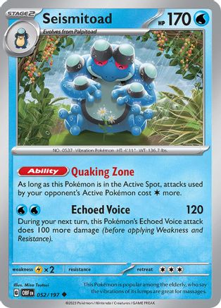Seismitoad 052/197  SV03 Obsidian Flames - Uncommon