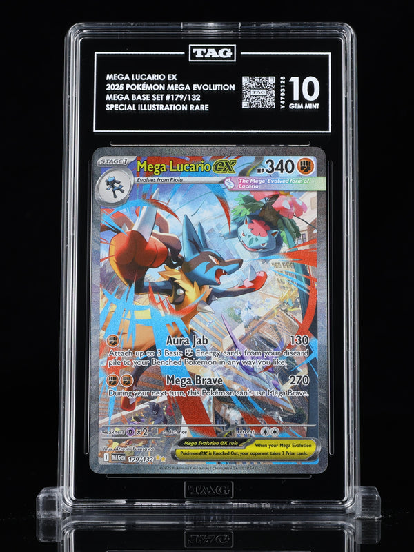MEGA LUCARIO EX 2025 POKÉMON MEGA EVOLUTION #179/132 MEGA BASE SET SPECIAL ILLUSTRATION RARE TAG 10